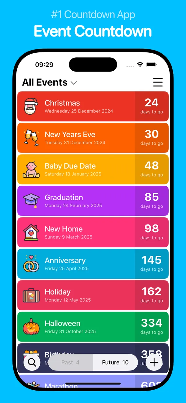 Event Countdown — the all-events list with days-to-go for each event