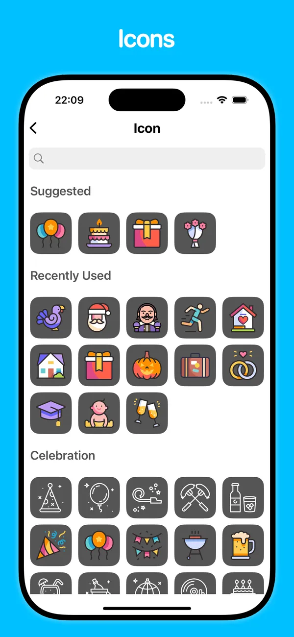 Choosing from hundreds of custom event icons