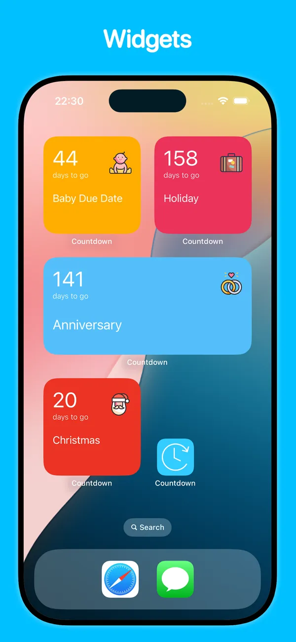 Home-screen widgets showing countdowns to upcoming events